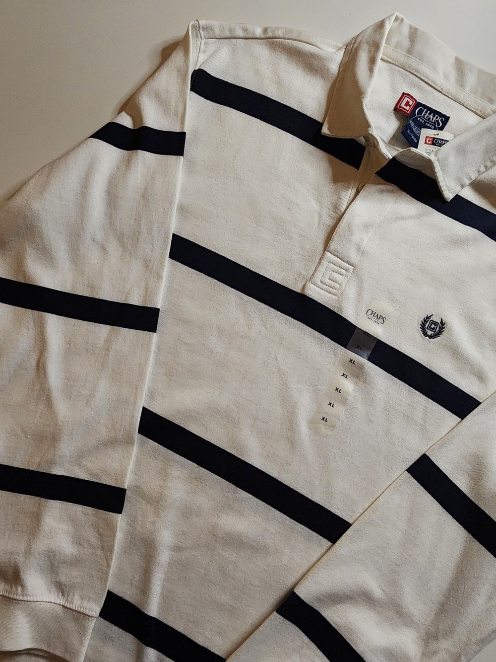 Vintage Chaps White and Navy Striped Collared Polo, Long Sleeved.